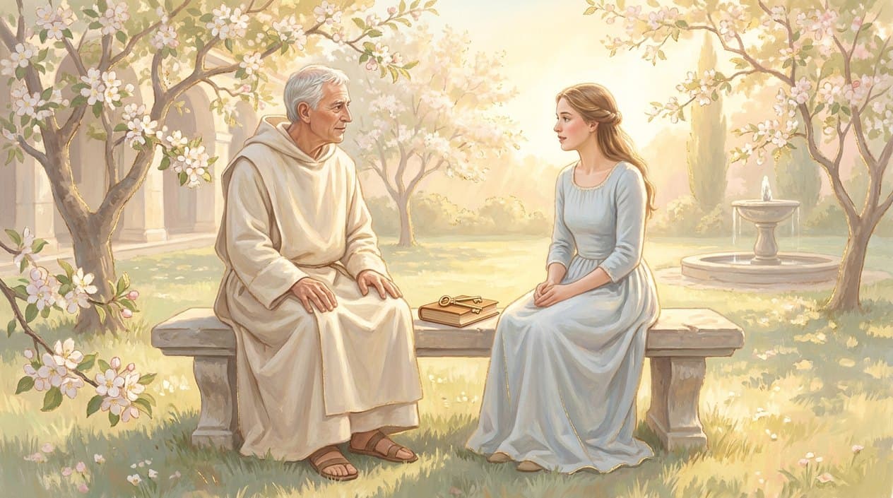 A silver-haired teacher in a light linen robe sitting on a stone bench in a blossoming garden in the early morning, talking calmly with a young woman seated beside him, a closed book and two golden keys lying on the bench between them.