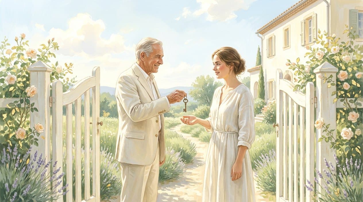 A grey-haired man in a light suit at an open white garden gate hands an old brass key to a young woman in a linen dress, with roses and lavender around and a sunlit villa and a path into the meadows behind them.