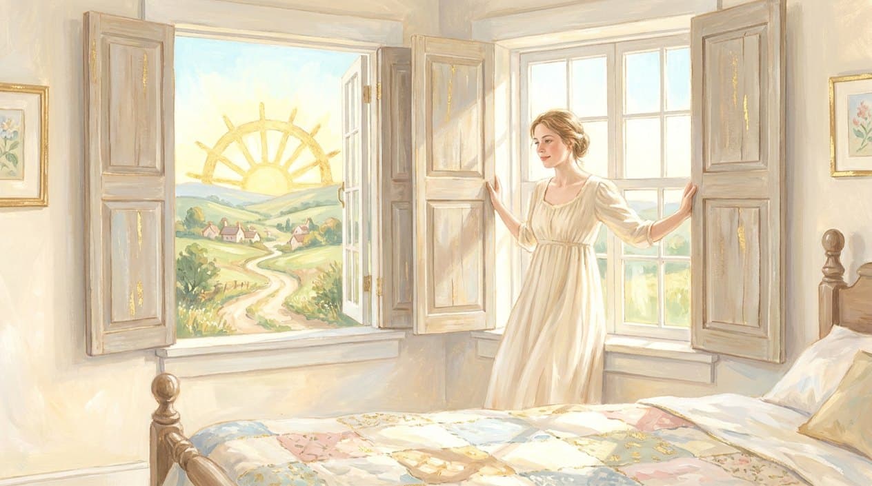 A young woman throws open wooden shutters at sunrise, morning light floods the room, green hills and a winding road beyond the window.