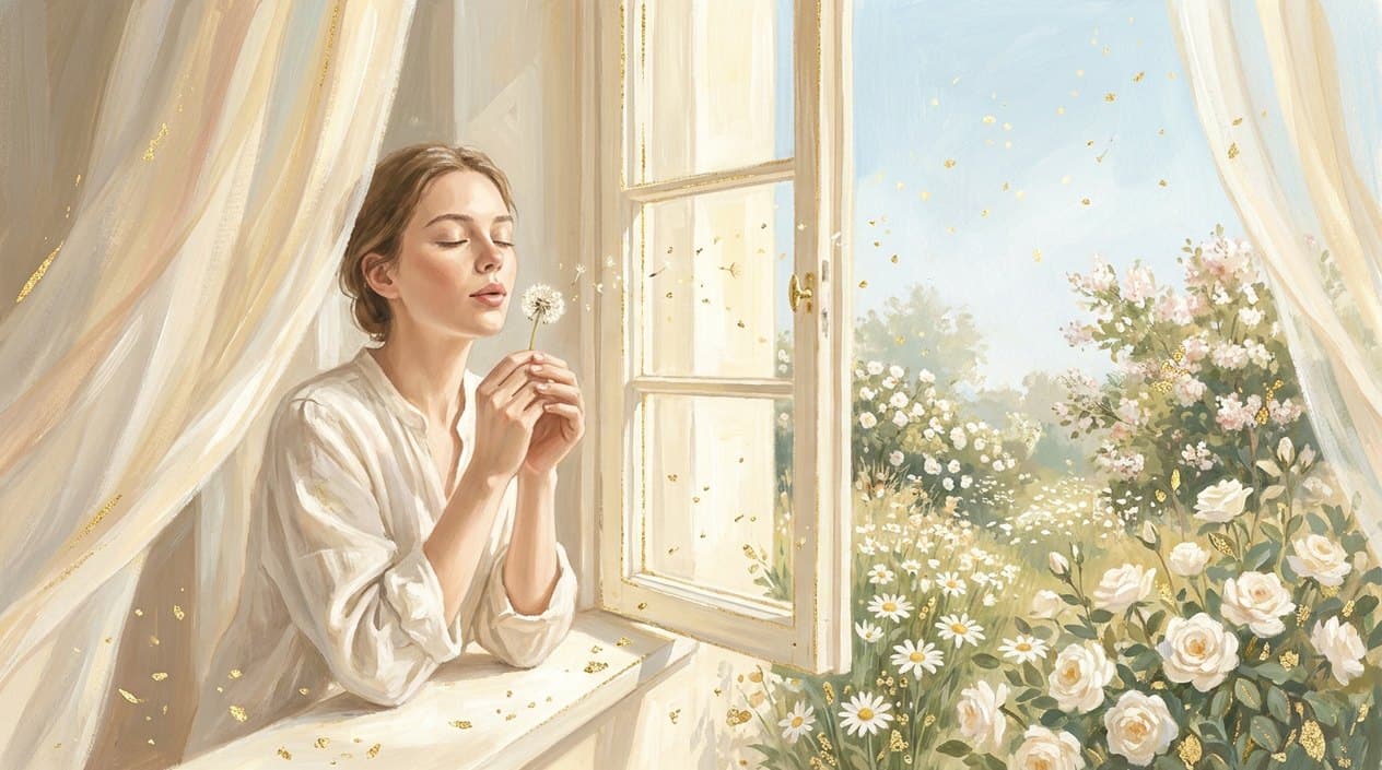 A young woman at an open window of a bright room holds a dandelion clock to her lips with her eyes closed, making a wish, with a garden of white roses outside.