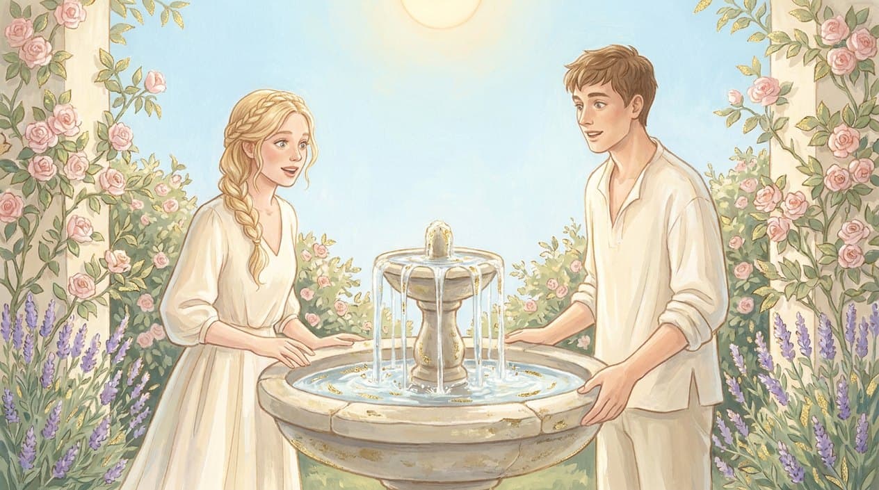 A young woman and a young man stand on opposite sides of a stone fountain in a sunny rose courtyard at noon, smiling at each other in pleasant surprise.