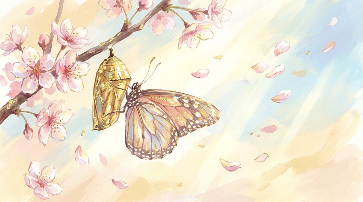 A butterfly emerging from a golden cocoon on a blossoming branch on a bright spring morning.