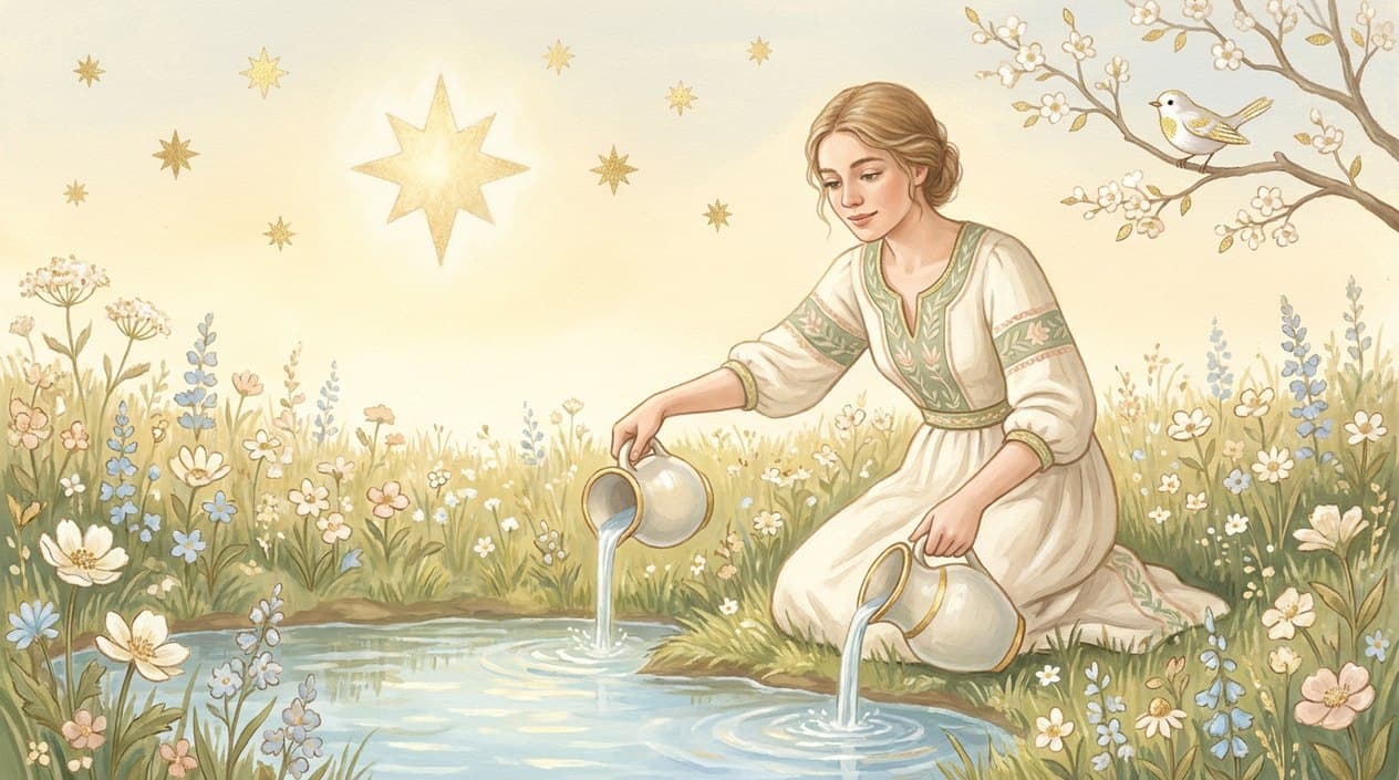 A young woman in a light dress kneels by a pond in a flowering meadow, pouring water from two jugs, while a large star and seven smaller ones shine in the golden sky above.