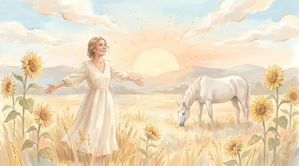 A young woman in a light linen dress stands among sunflowers in a golden meadow with her arms open, facing a large warm sun above the hills, while a white horse grazes nearby.