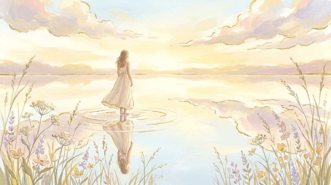 A woman in a light dress stands in calm, mirror-still water in golden evening light, her reflection glowing softly, with meadow flowers on the shore.