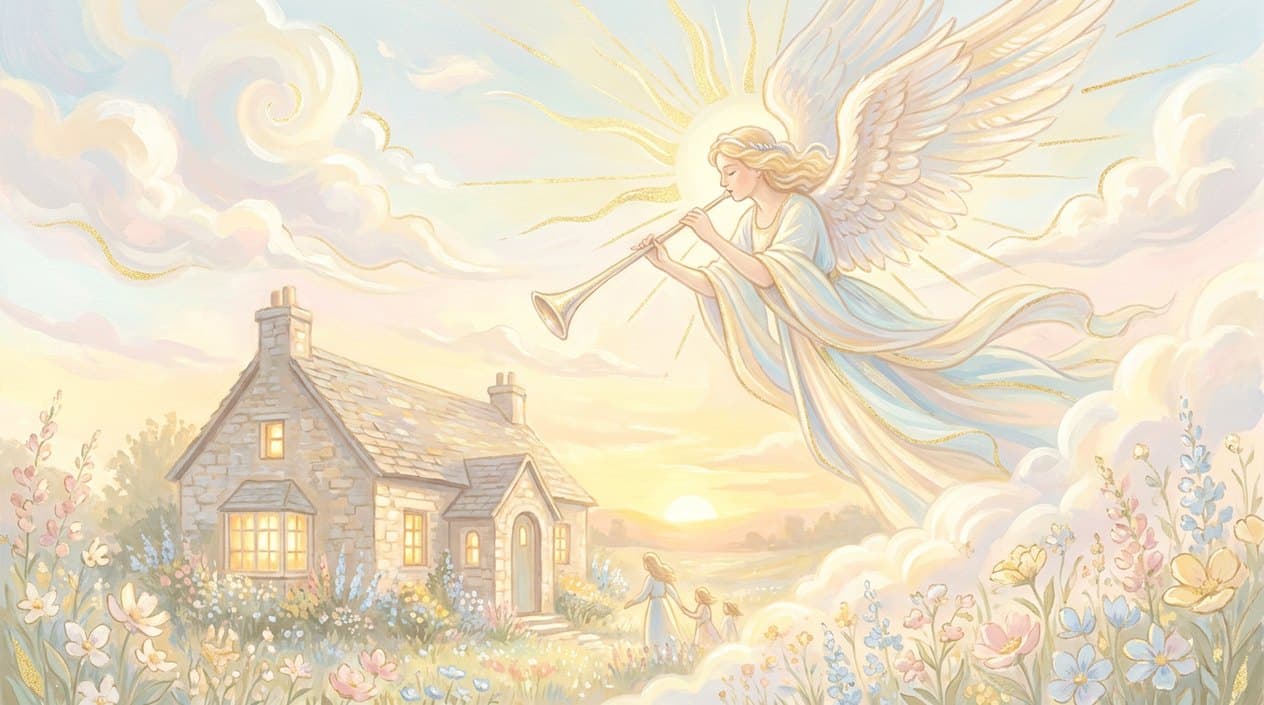 A bright house among meadows in golden sunset light, its windows glowing warmly, with a radiant angel holding a trumpet flying above it.