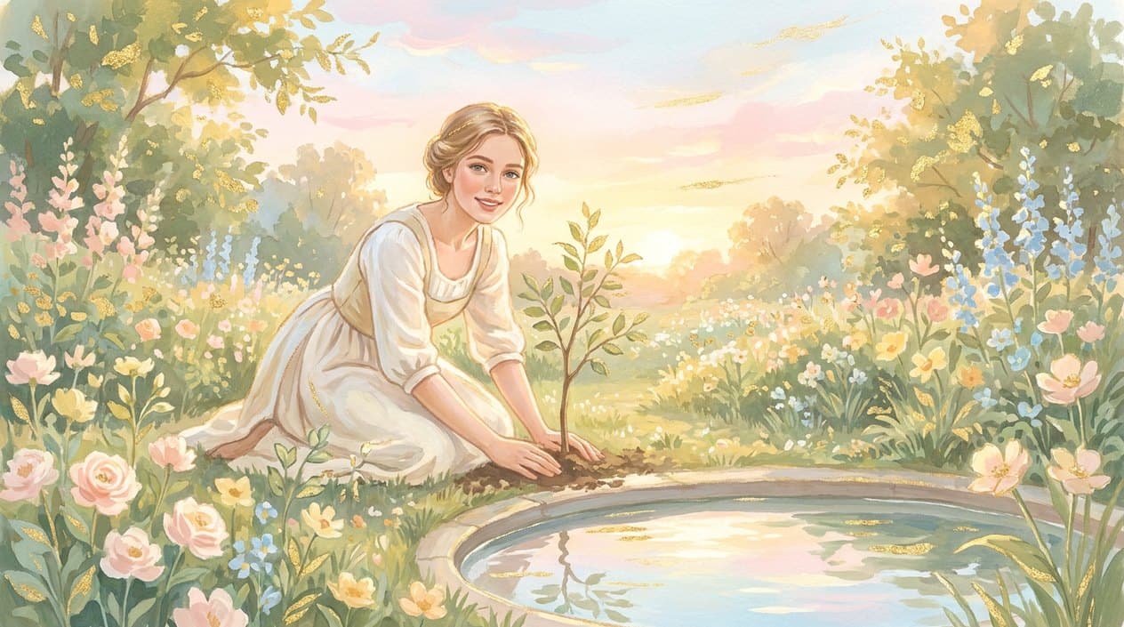 A young woman in a garden in golden sunset light planting a small sapling beside a calm pond that reflects the sky.