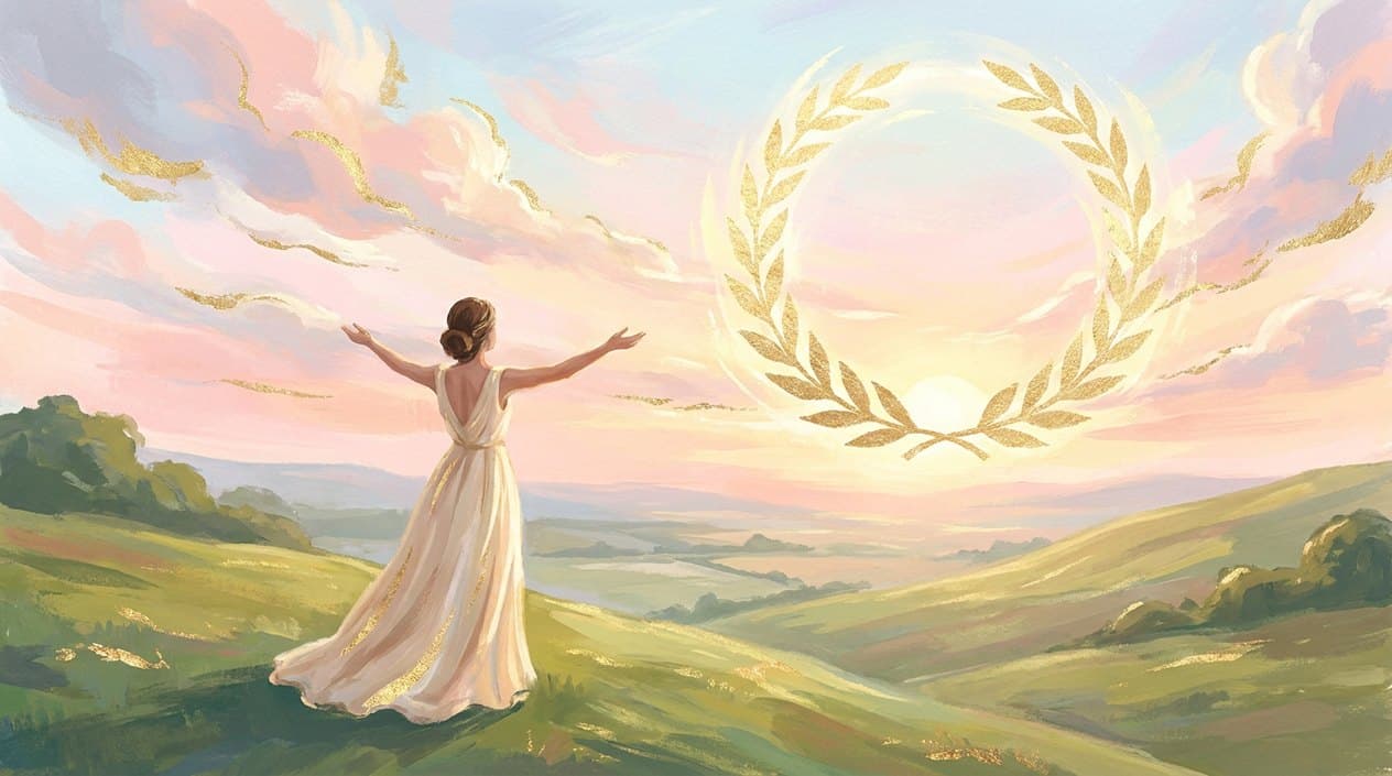 A woman in a light dress on a green hill with arms spread wide towards a morning sky with a glowing golden laurel wreath.