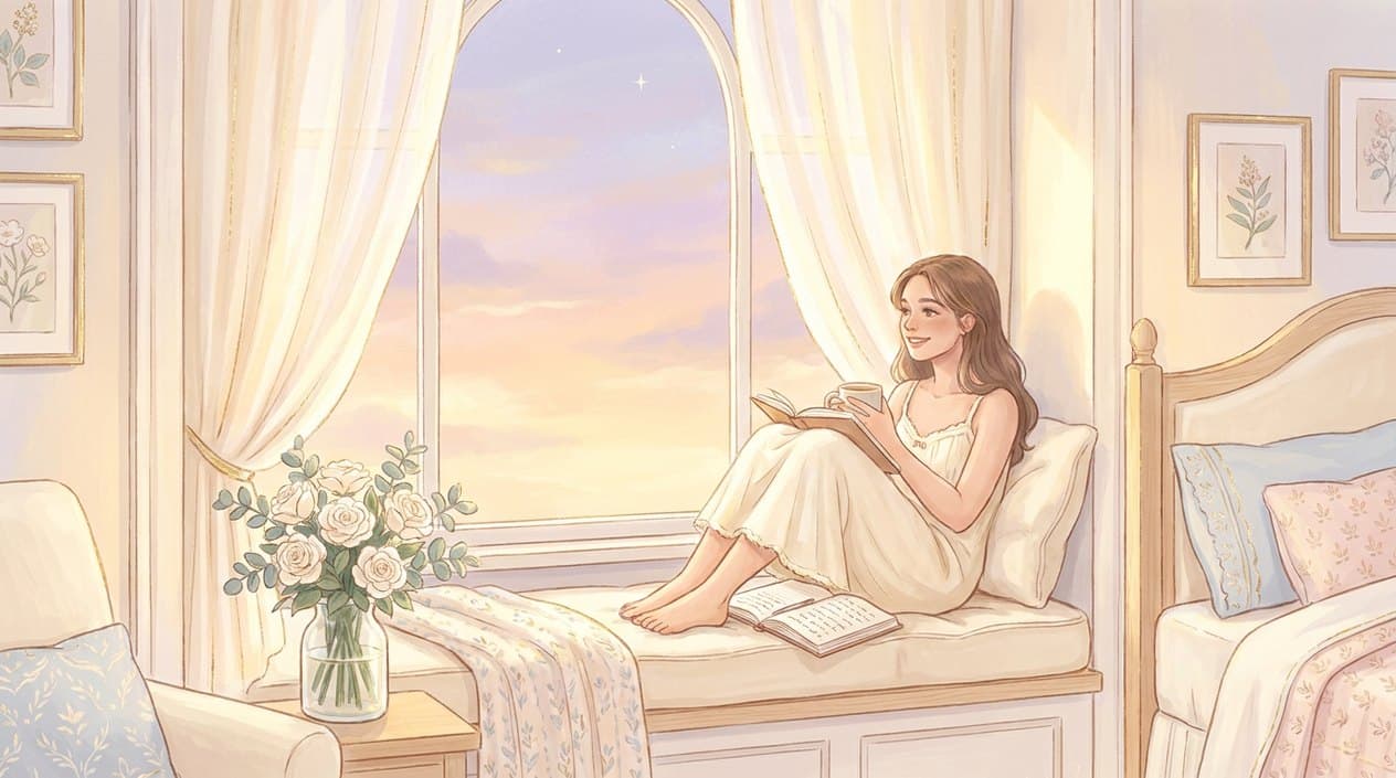 A young woman sits on the window seat of a bright bedroom with a cup of tea and an open journal, a peach and lavender evening sky outside.