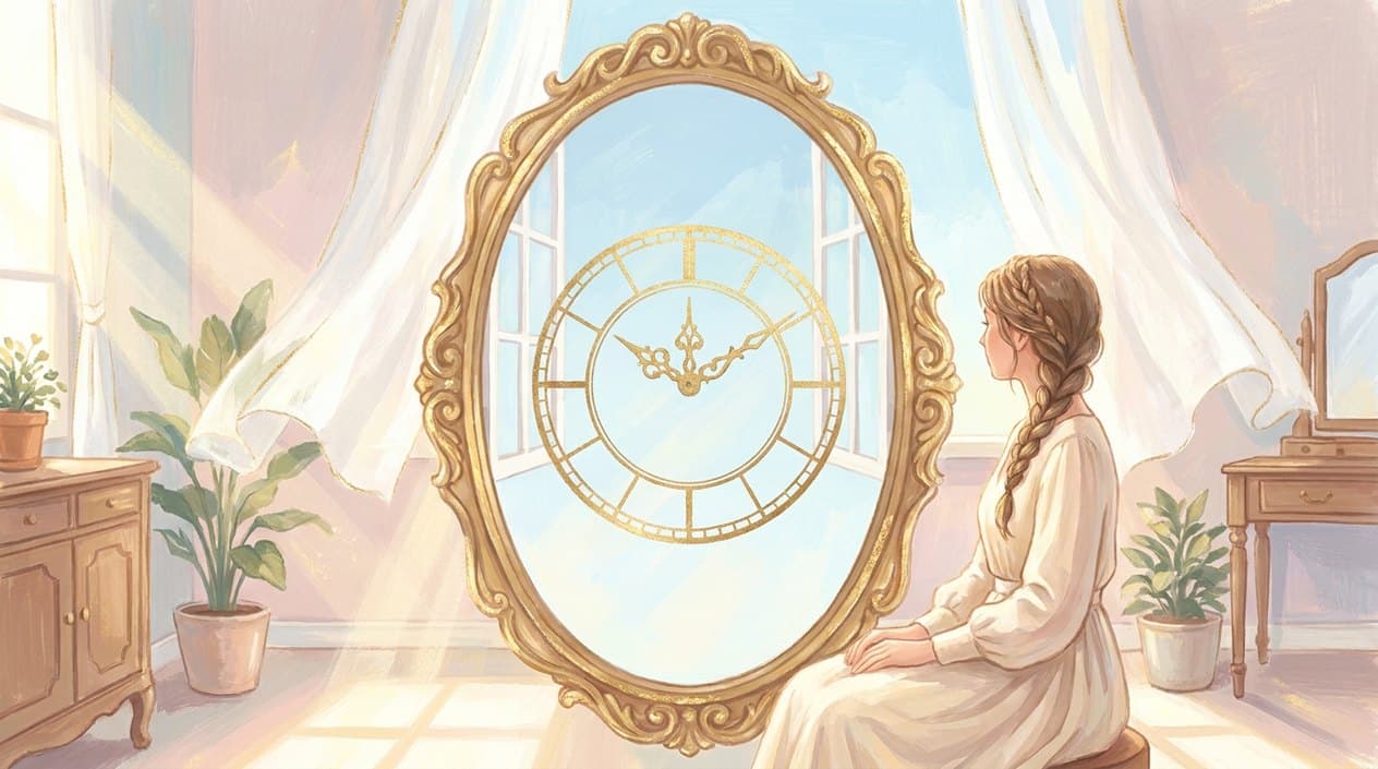 A young woman in a bright room looks into a golden oval mirror reflecting a clock face without numerals.
