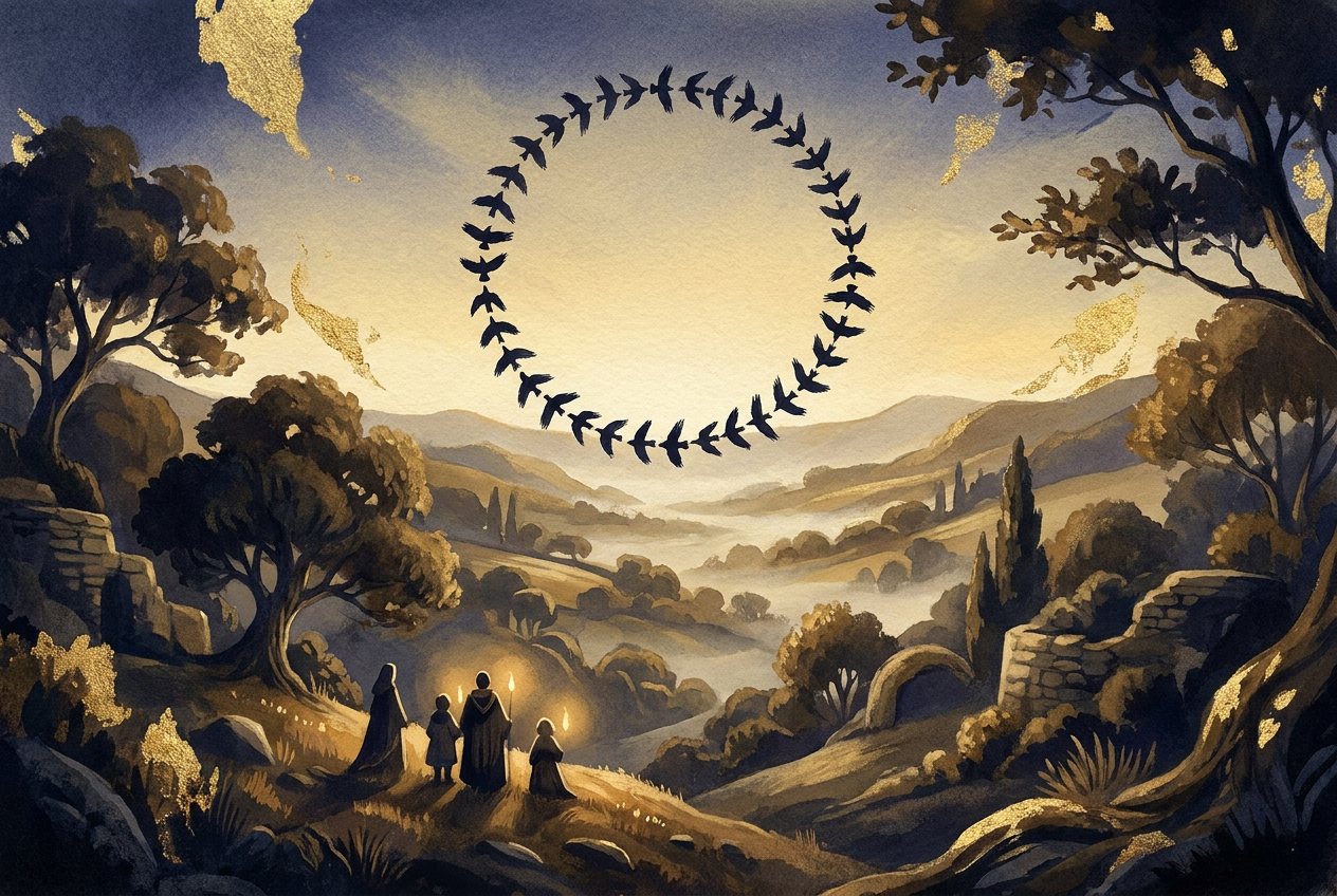 A flock of birds flies in a closed circle at dawn above a misty valley.