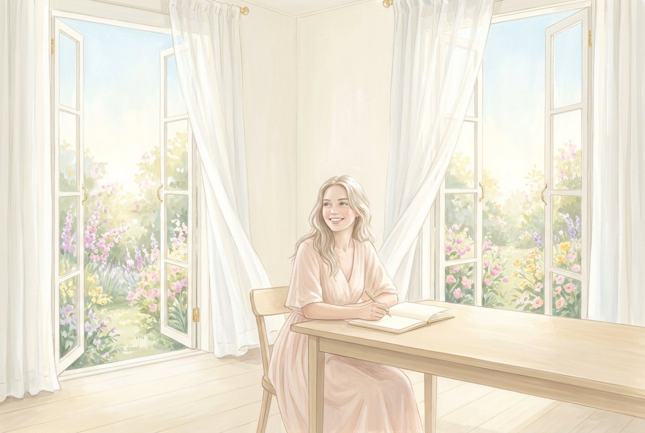 In a bright, almost empty room with open windows, a woman sits at a table in front of a clean open notebook, with a flowering garden visible outside.