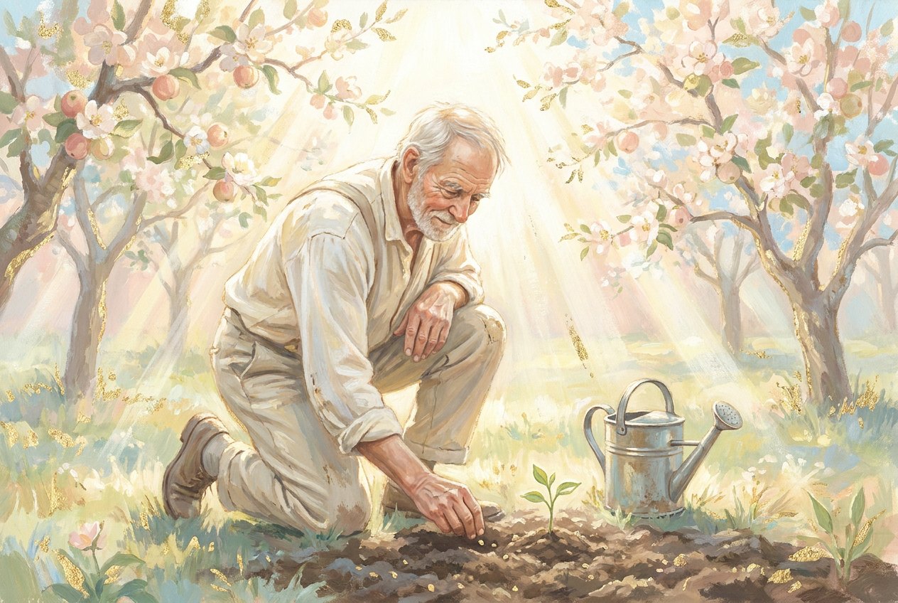 A grey-haired man kneels in a sunlit apple orchard, pressing a seed into soft soil, with a small tin watering can and a tiny green sprout beside him.