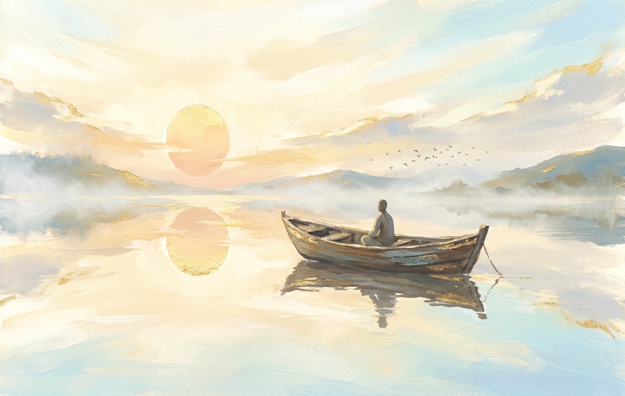 A person sits calmly in a wooden boat in the middle of a still lake at sunrise, with a circle of light reflected in the water.