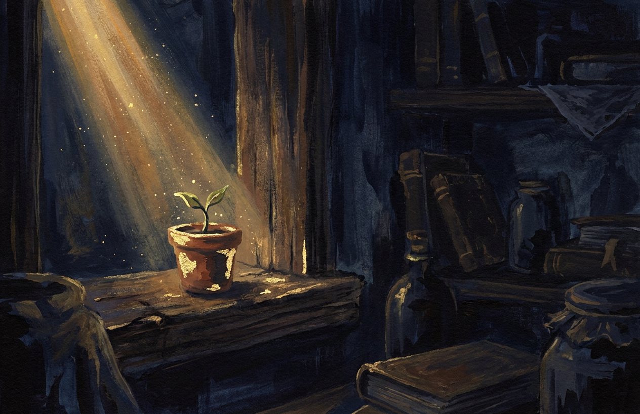 A small seedling in a clay pot on a dark windowsill at night, lit by a narrow beam of golden light.