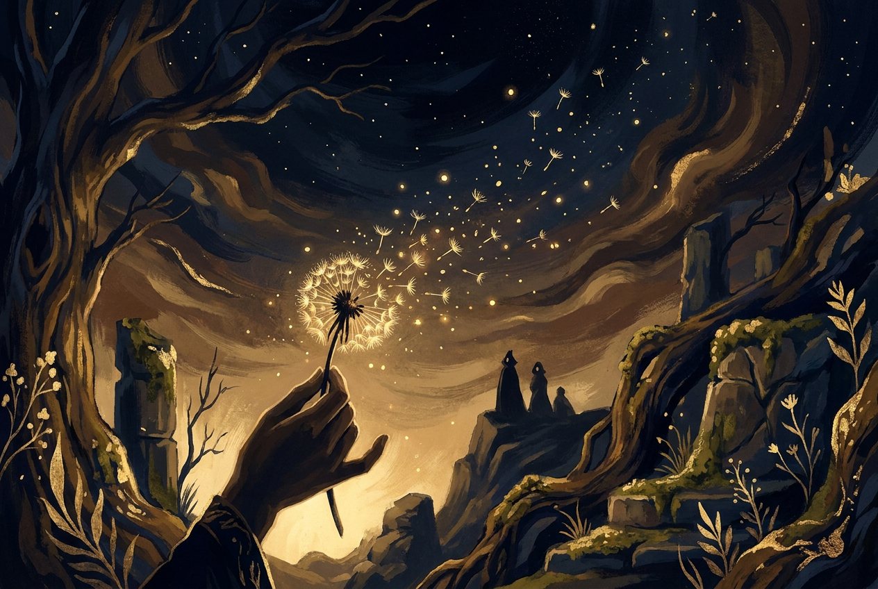 A hand holds a dandelion clock at night as its seeds rise into the sky like golden sparks.