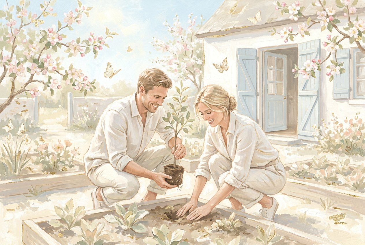 A smiling couple in light clothes plants a young tree together in a sunny spring garden, a white cottage with open shutters behind them.