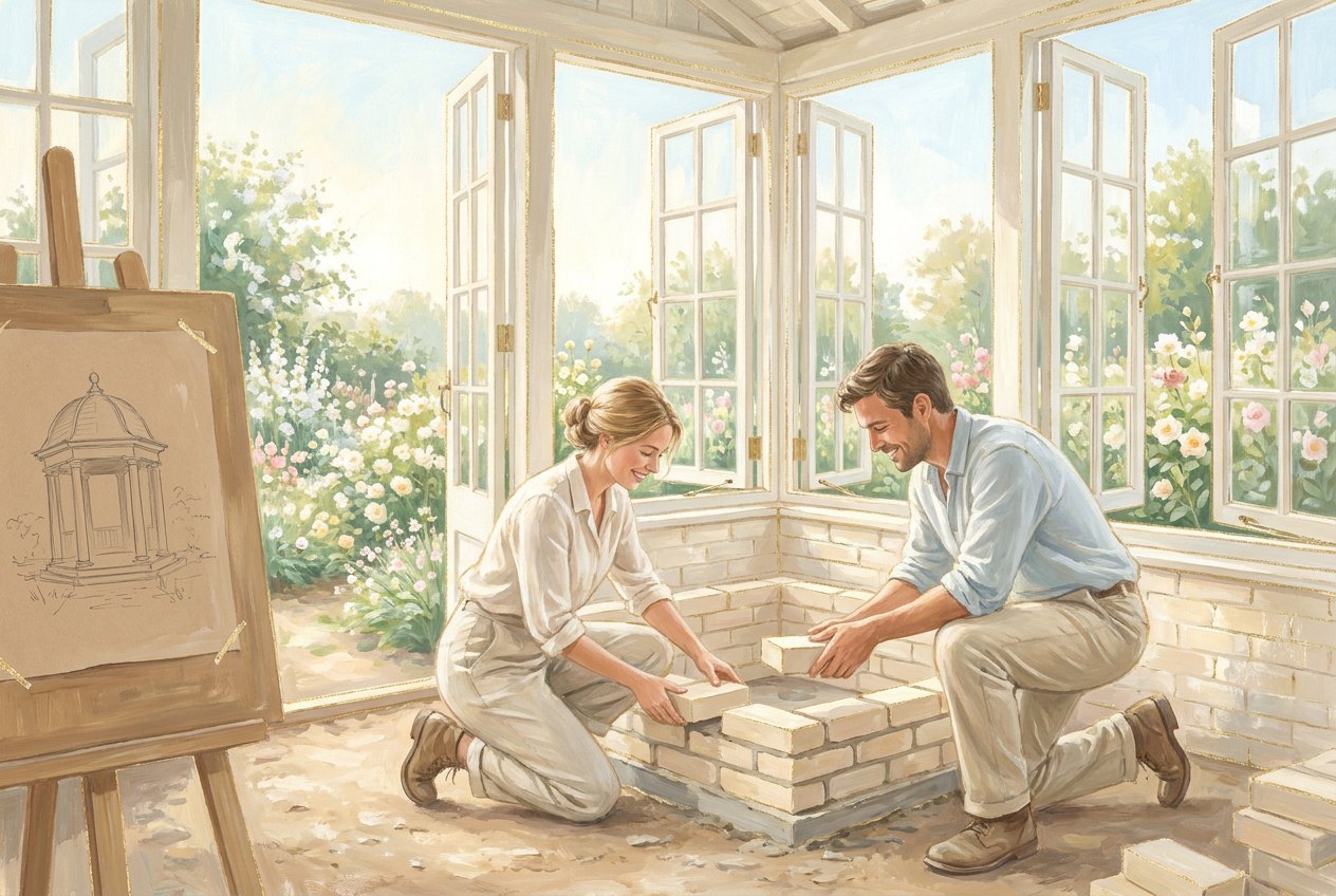 A man and a woman in a bright workshop with open windows onto a blossoming garden lay the first course of pale bricks for a small garden pavilion together.