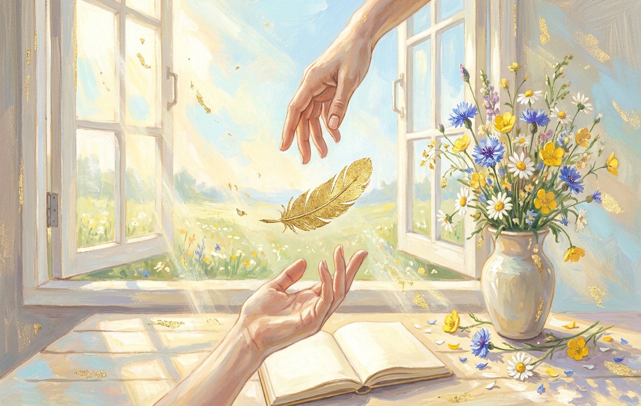 Two hands, one reaching down and one reaching up, almost touch above a sunlit table with an open notebook and a golden feather floating between them.