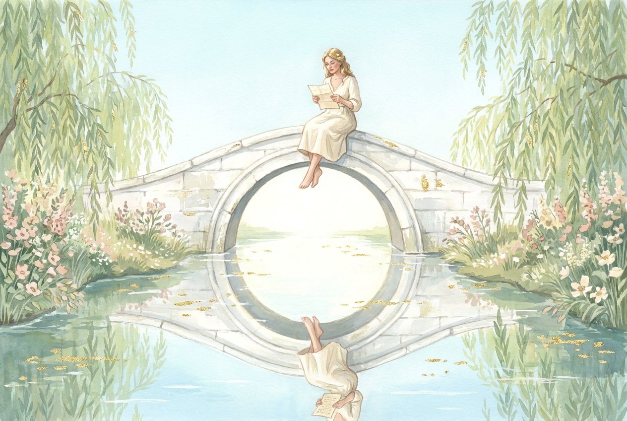A woman in a light linen dress sits on a white stone arched bridge reading a letter, while the arch and its reflection in the calm river form a perfect circle.
