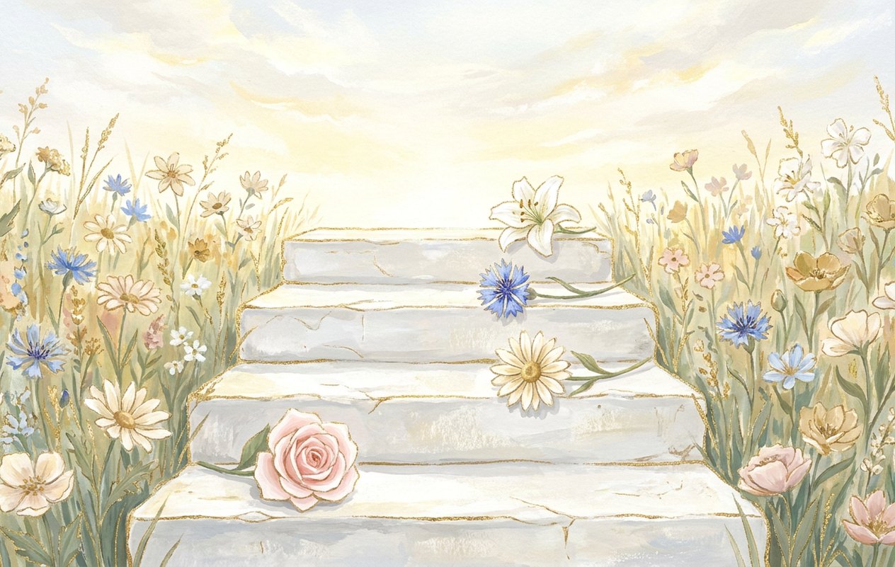 Four white stone steps rise through a flowering meadow towards a bright morning sky, with a single blossom resting on each step.