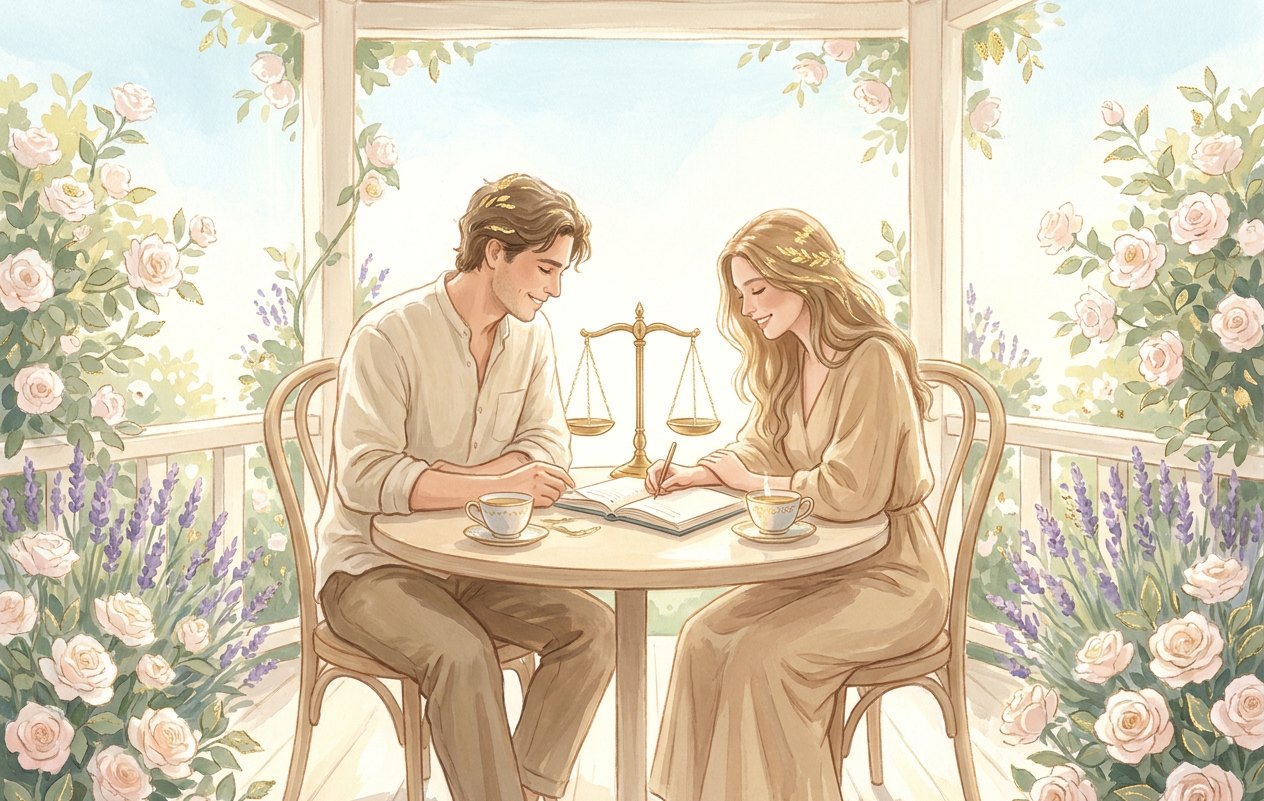 A man and a woman at a round table in a white rose gazebo calmly talk over an open notebook, with brass scales and teacups on the table.