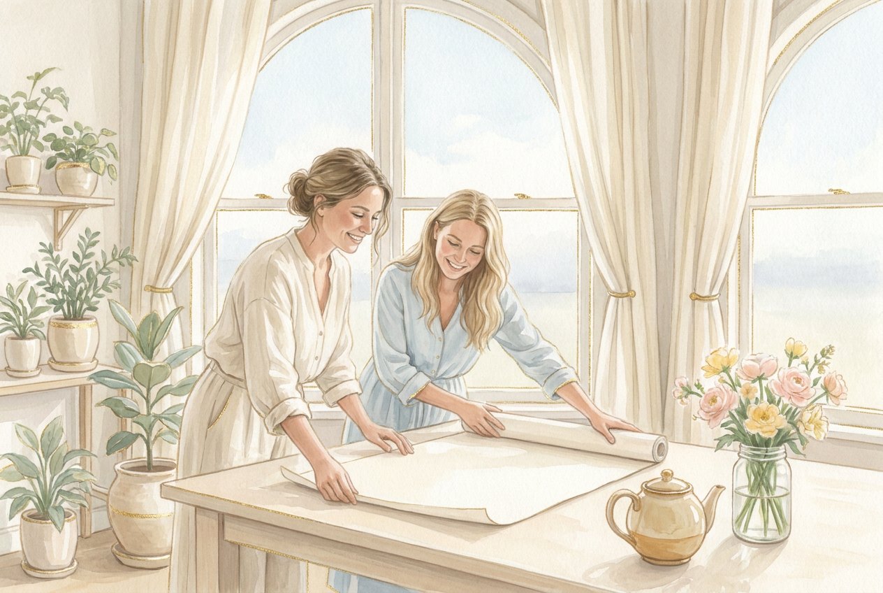 Two smiling women in a bright studio with large windows unroll a wide sheet of paper on a wooden table, with a teapot and flowers in a jar beside them.