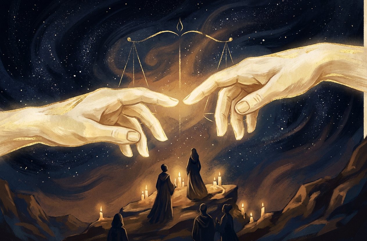 Two hands of light reach towards each other in a starry sky, the outline of a balance scale glowing between them.