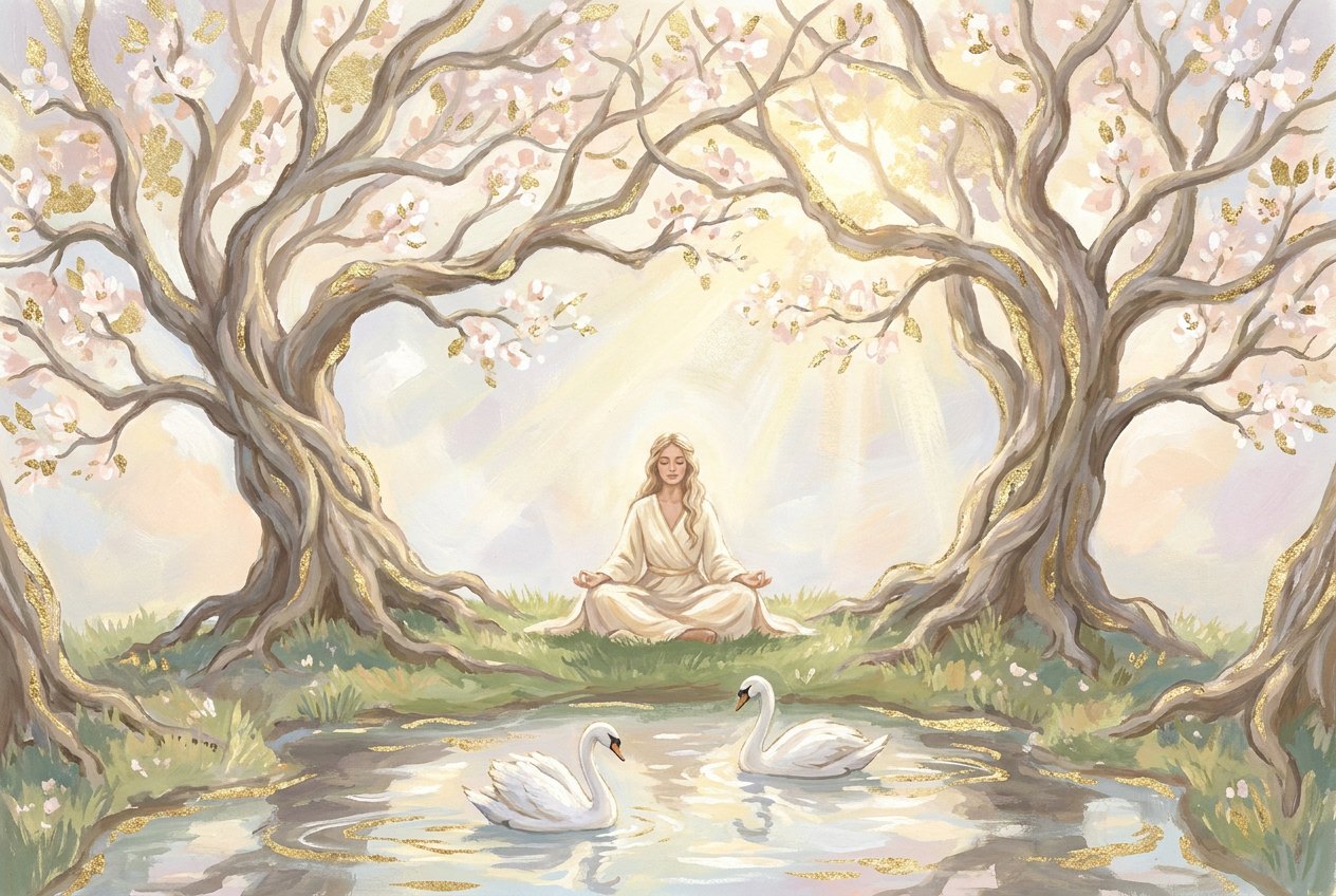 In a sunlit spring garden two old blossoming trees intertwine into a single arch; beneath it a woman meditates on the grass while two white swans glide on the pond.