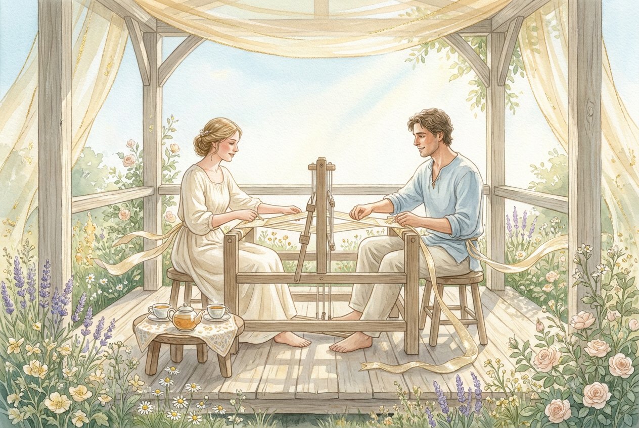 A woman and a man in a bright garden pavilion weaving one long pale-gold ribbon together on a wooden loom, with a small table of tea beside them.