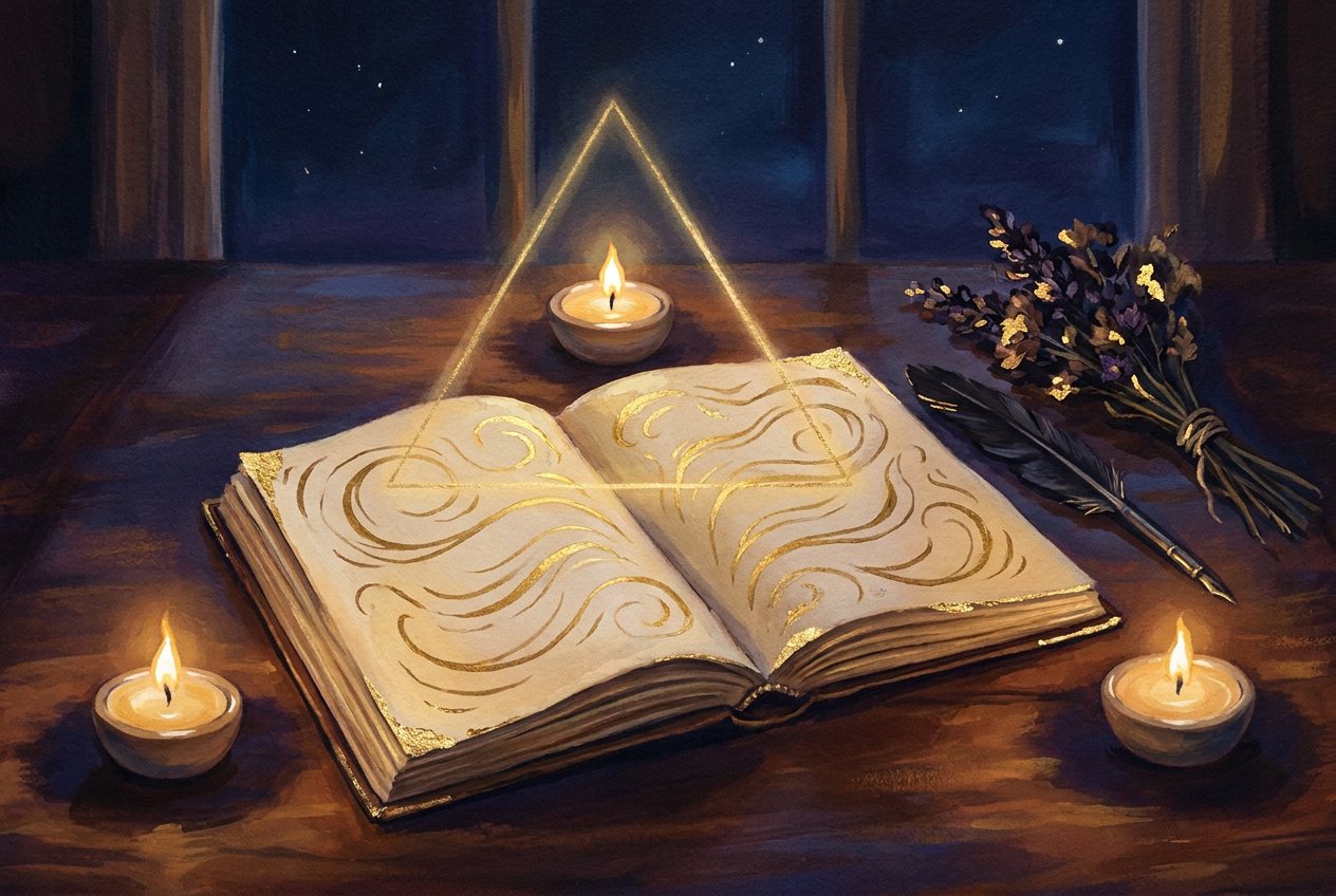 An open sketchbook on a table with three lit candles arranged in a triangle around it and a triangle of golden light above the pages.