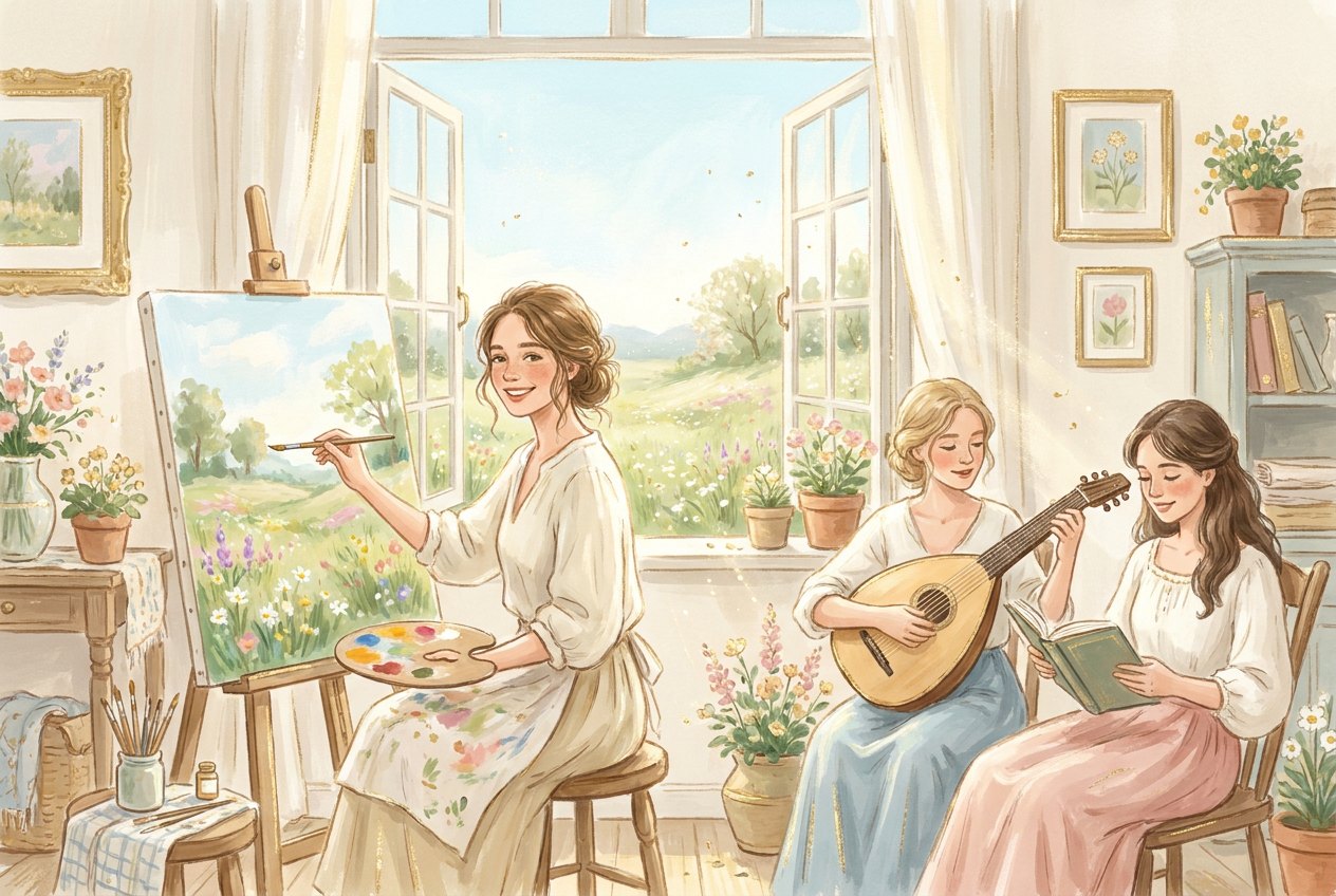 In a bright studio by an open window a young woman paints a spring meadow while one friend plays a lute and another reads a book, surrounded by flowers and sunlight.
