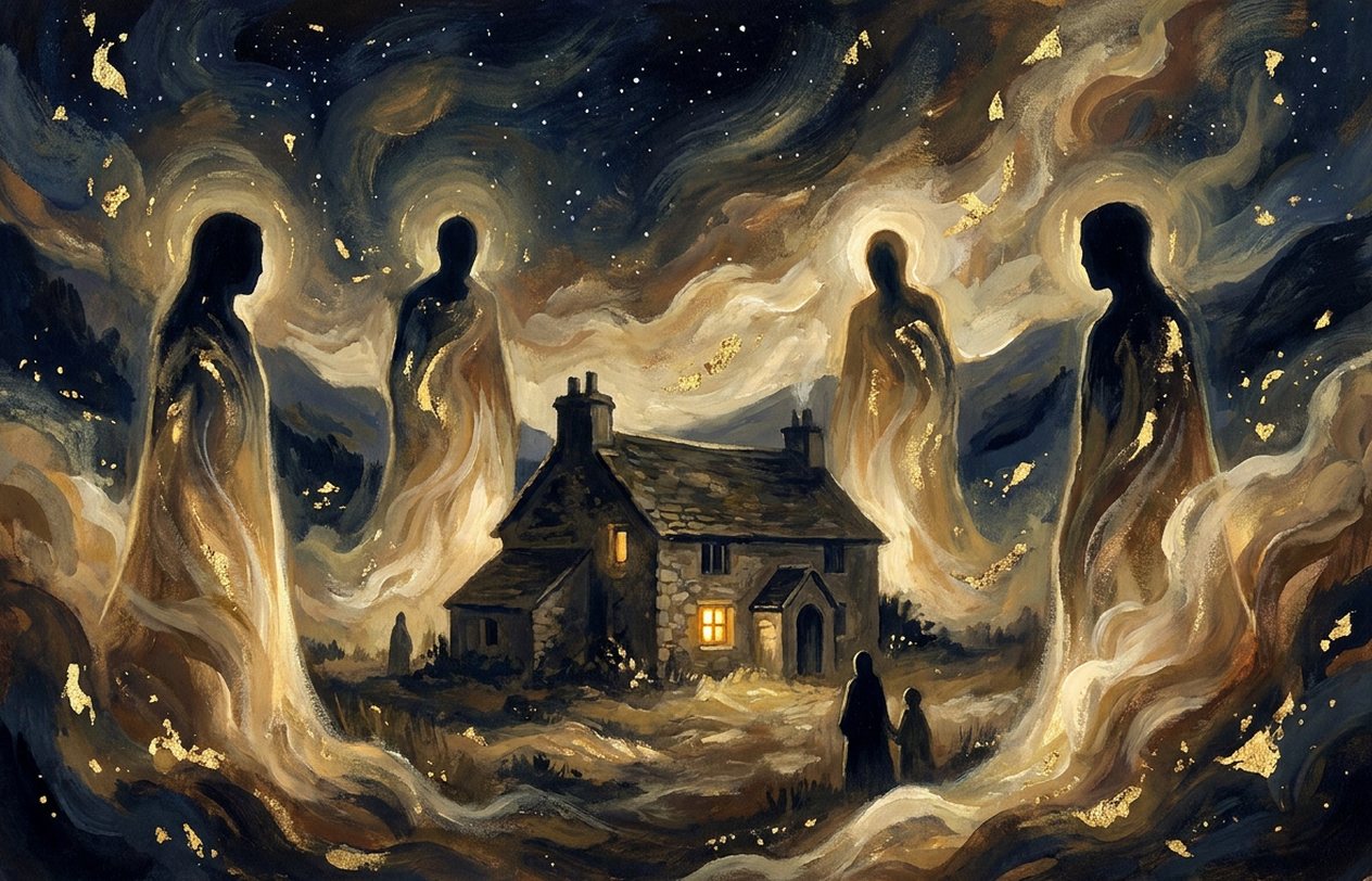 Four figures of light guard a small house in a valley at night under the stars.