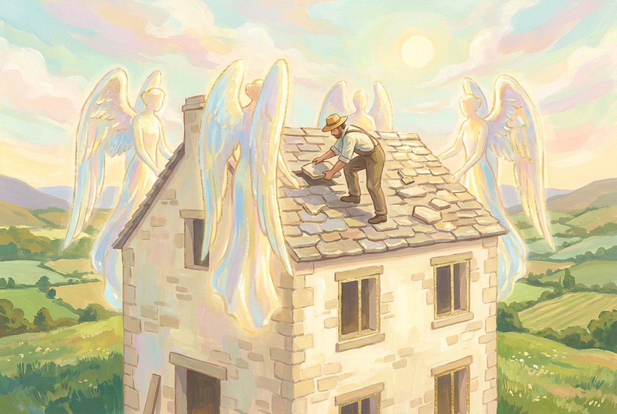 In a sunny green valley a craftsman lays the last stone on the roof of a cream stone house, while four translucent winged figures of light stand around it.