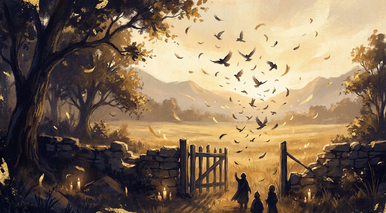 A flock of birds lifts off from an old open wooden gate in a stone wall, a golden meadow and mountains beyond.
