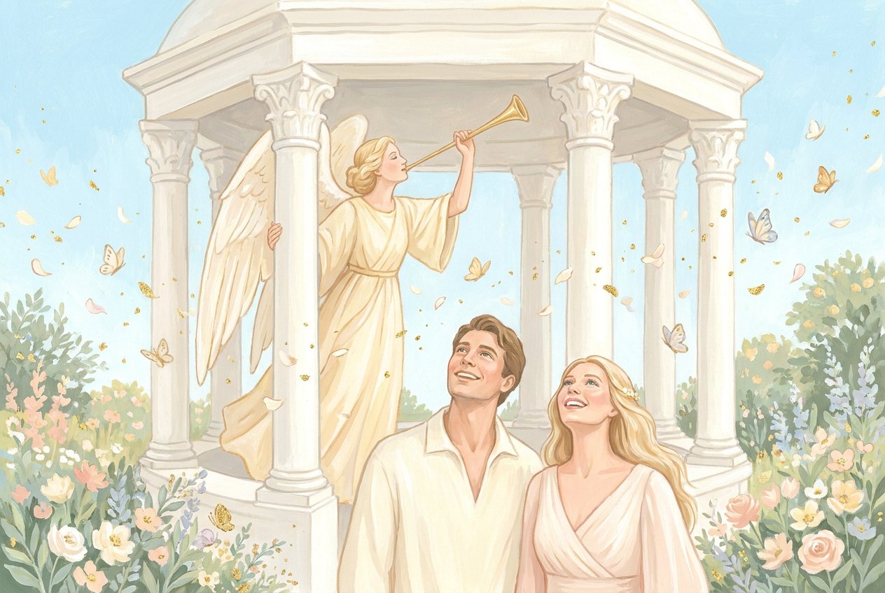 In a bright white stone pavilion open to a spring garden, an angel in pale gold robes raises a golden trumpet while a man and a woman below lift their faces into the warm light.