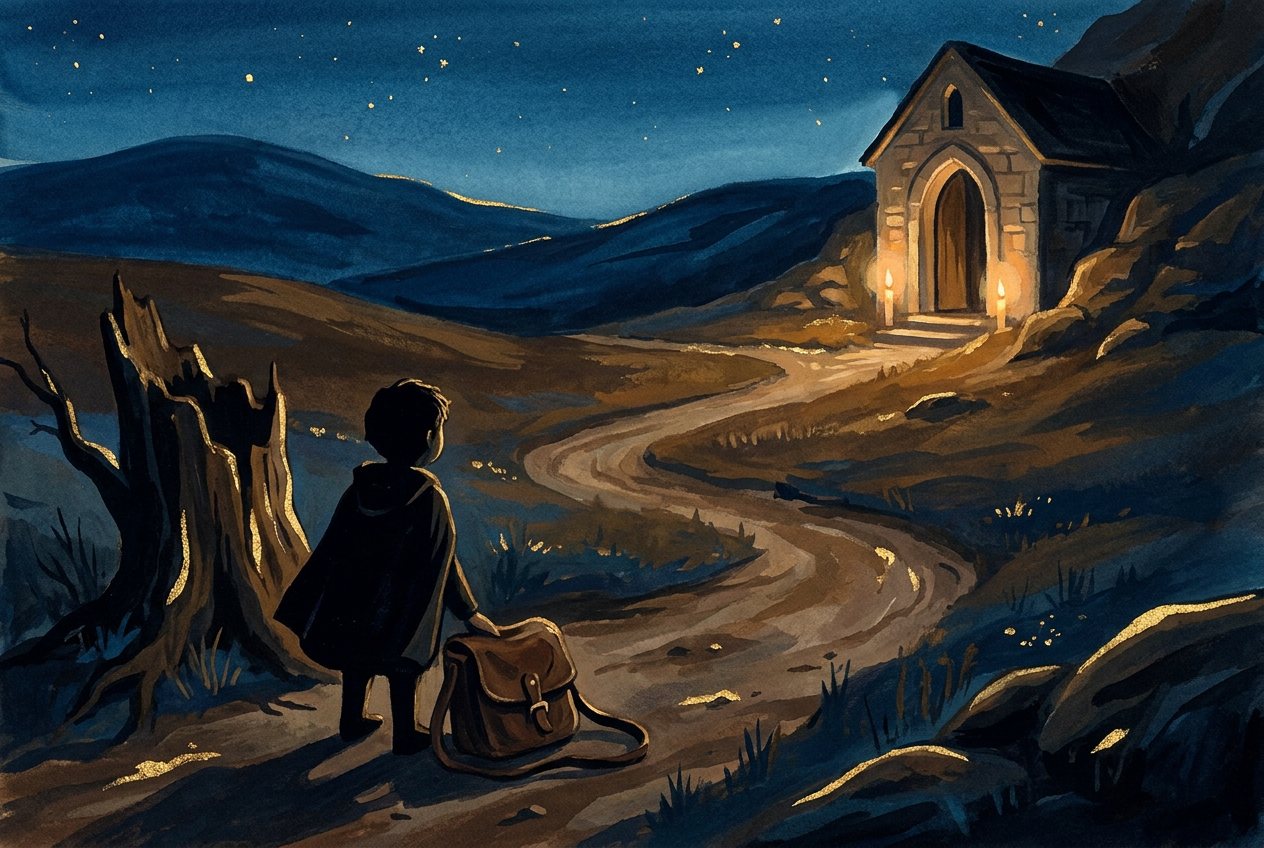 At dusk a person sets down a heavy bag of coins beside a path leading to a glowing chapel doorway.