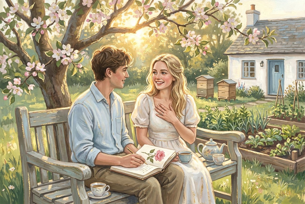 A young couple sits on a bench under a flowering apple tree sharing a pot of tea, with a vegetable patch, beehives and a small white house in the afternoon light.