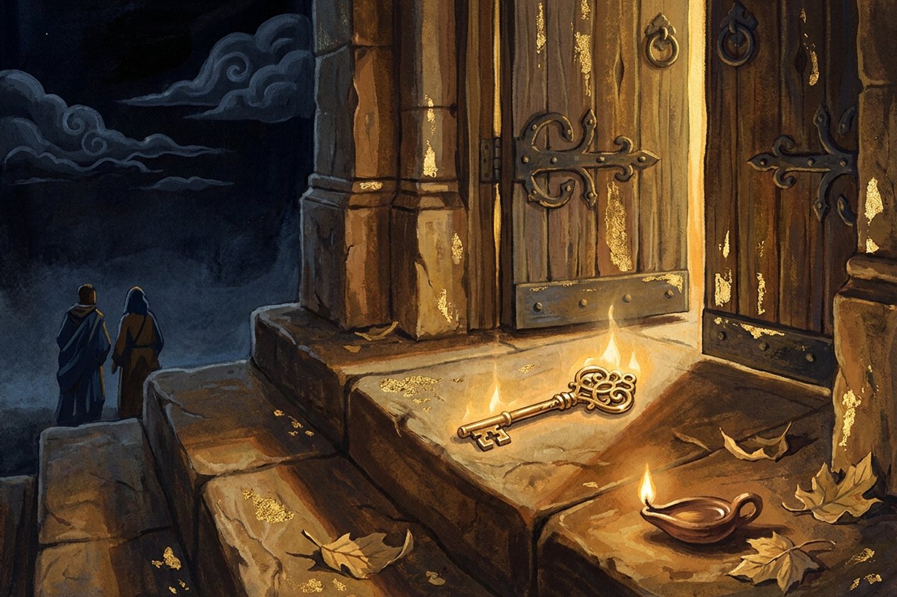 A golden key glowing on an old stone temple step by a half-open door, with a lit oil lamp beside it.