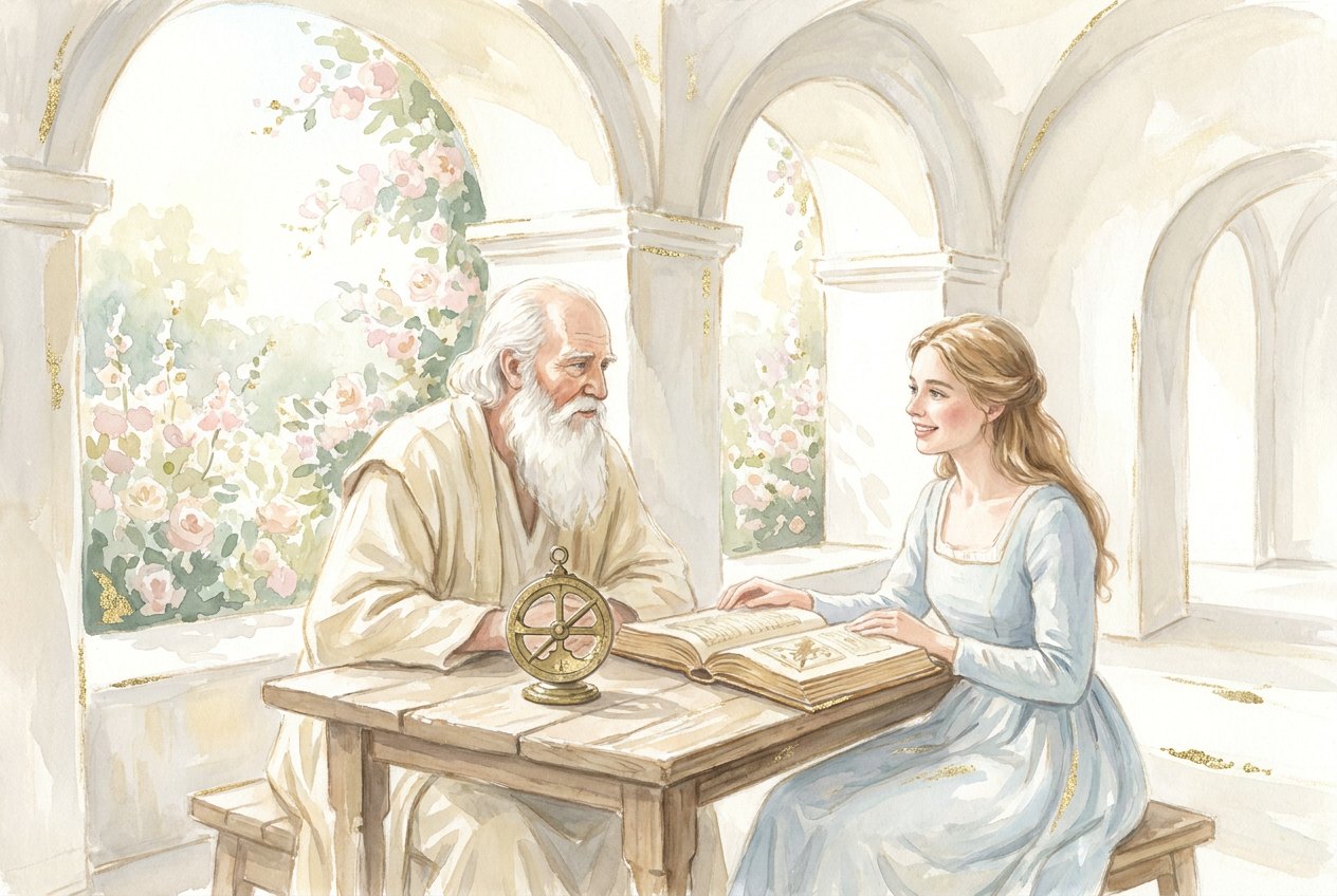 A white-bearded sage and a young woman sit at a wooden table in a bright white arcade open to a garden of blossoming roses, an open old book and a brass astrolabe between them.