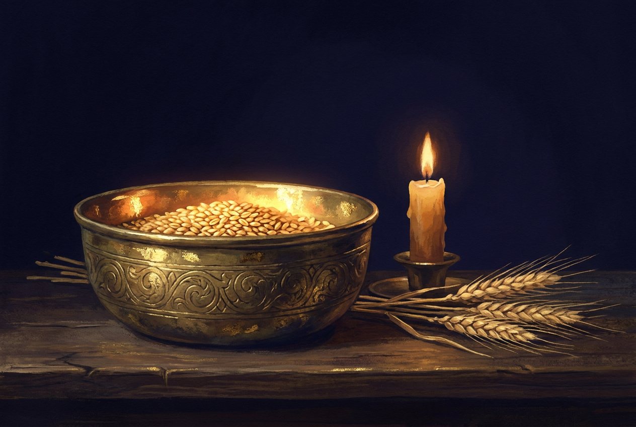 An old engraved brass bowl full of grain and glowing with golden light, a candle and ears of wheat beside it.