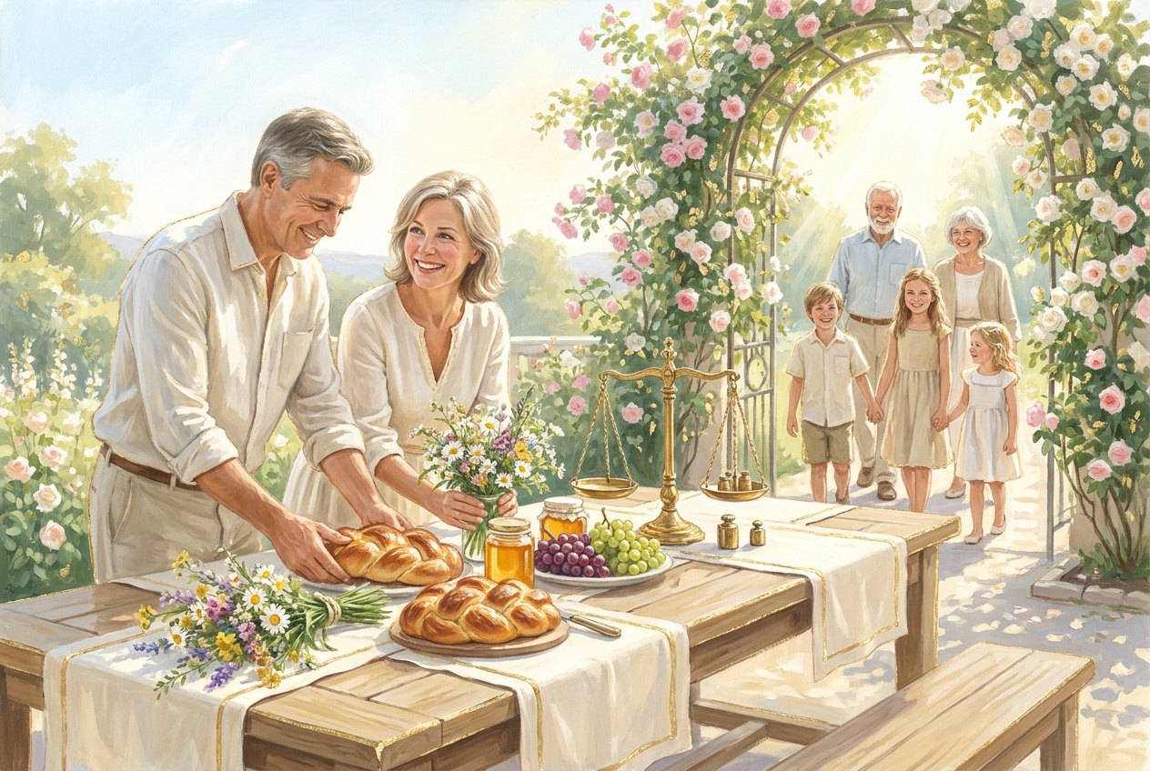 A smiling couple on a bright garden terrace sets a long wooden table for a harvest feast while children and grandparents arrive through an arch of roses, with golden scales standing on the table.