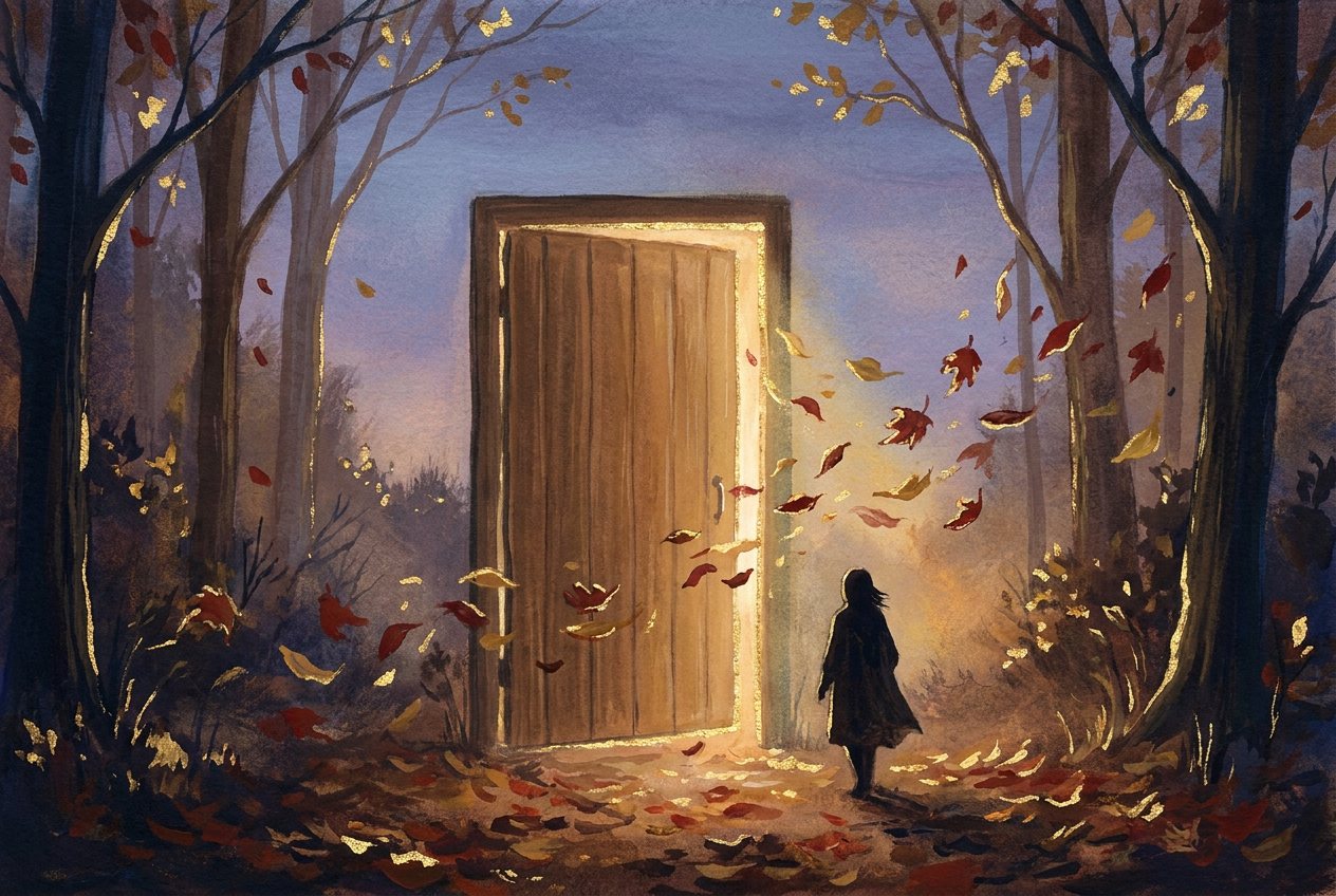 An old wooden door stands alone in an autumn forest, golden light pouring through it, leaves falling, a person walking towards it.