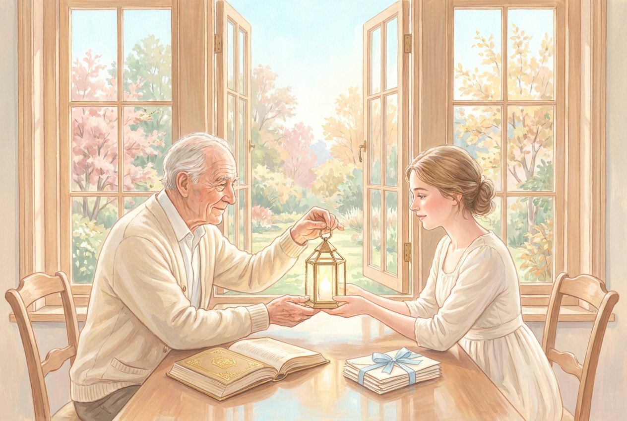 In a bright study with open windows onto an autumn garden, an older man with a kind face hands a young woman a glowing lantern, while an open book and a bundle of letters tied with ribbon lie on the table.