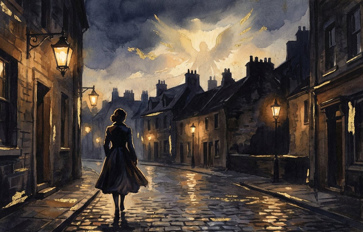 A woman walks down a street at dusk looking up at the sky, where golden light breaks through the clouds.