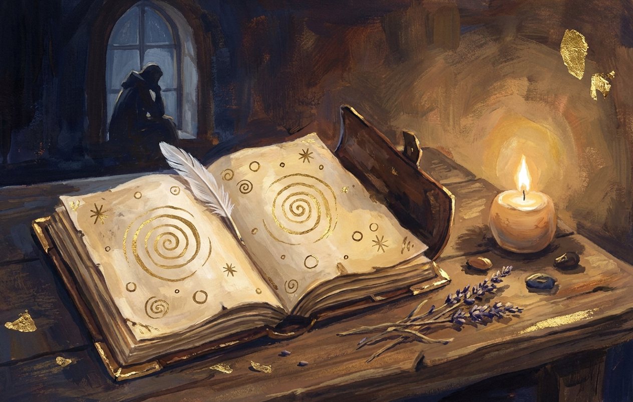 An open leather journal with golden spirals and small stars, a white feather as a bookmark, a candle and lavender.
