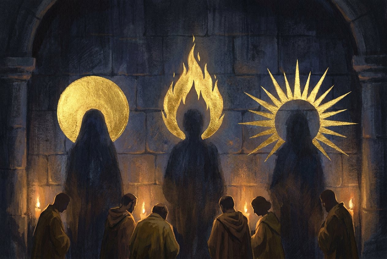 Three shadowy figures on a dark temple wall with golden radiances – a round nimbus, a flame-shaped aureole and a crown of rays – and worshippers with candles below.