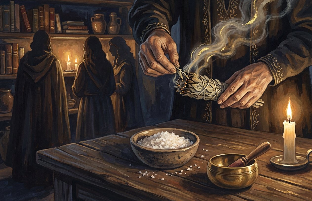 Hands hold a smoking bundle of sage over a wooden table with a bowl of salt, a brass singing bowl and a white candle, people standing in the background.