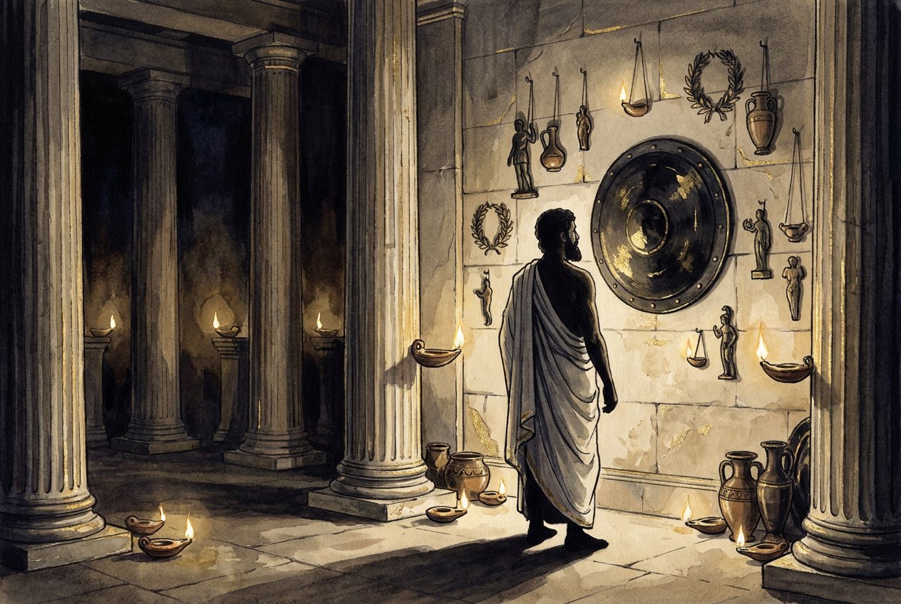 In an ancient Greek temple a man in a white cloak stands before an old bronze shield hanging on the wall.