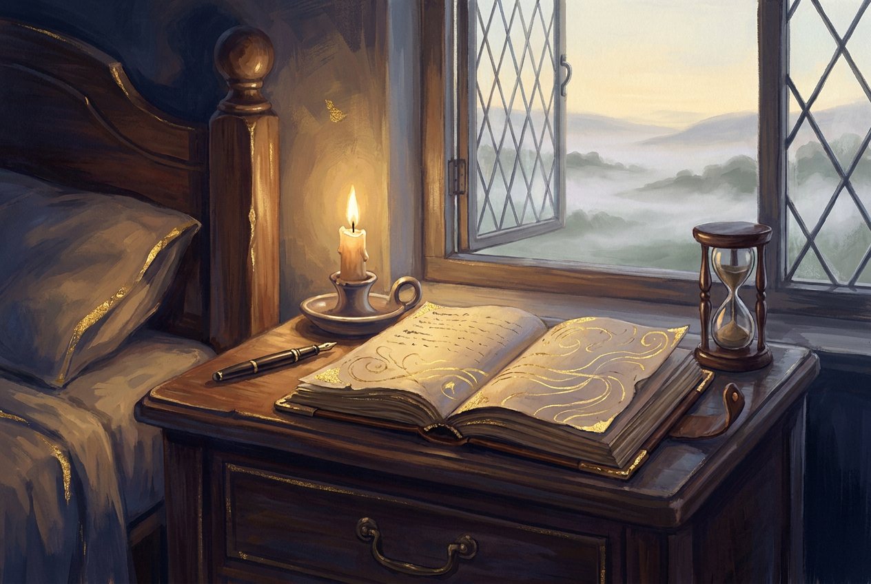 A leather dream journal lies open on a bedside table at dawn with a fountain pen, a burnt-down candle and an hourglass.